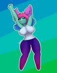  anthro big_breasts breasts canid canine featureless_feet female fur green_body green_fur hair huge_breasts mammal multicolored_hair one_eye_closed pink_ears solo solo_focus sosere_(artist) sosere_(character) stretching wink 