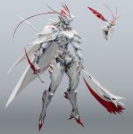  1boy absurdres antennae armor blue_eyes bug cape dagger dual_wielding flying glowing gradient gradient_background highres holding holding_dagger holding_scythe holding_weapon insect insect_boy male_focus pauldrons red_eyes science_fiction scythe shoulder_armor team_glass warframe weapon white_cape 
