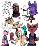  2020 :3 ambiguous_gender antelope anthro arctic_fox belly_tuft belt bikini bikini_bottom bikini_top blue_eyes bovid brown_body brown_fur canid canine canis cheek_tuft chest_tuft chico_(fuel) choker clothed clothing disney ear_markings ear_piercing ear_stud english_text eyes_closed facial_markings facial_tuft fan_character fangs female fishnet fishnet_topwear fox fuel_(artist) fur fur_markings gazelle half-closed_eyes hand_in_pocket hands_on_hips hat head_markings head_tuft headgear headwear hi_res horn inner_ear_fluff jack_savage jacket jewelry lagomorph leporid lutrine male mammal markings mustelid narrowed_eyes neck_tuft necklace oliver_(fuel) one_eye_closed open_clothing open_jacket open_topwear pawpads petting piercing pockets rabbit scarf shirt simple_background sketch_page skye_(zootopia) smile sound_effects swimwear tank_top taylor_(fuel) text topwear tuft ty_(appleseed) whiskers white_background white_body white_fur wolf zootopia 