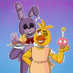  1:1 animatronic anthro avian beak bird bonnie_(fnaf) buckteeth candle chica_(fnaf) chicken clothing cupcake cupcake_(fnaf) duo eyebrows eyelashes eyes_closed feathers female fire five_nights_at_freddy&#039;s food galliform gallus_(genus) gloves grey_body handwear holding_object lagomorph leporid machine male mammal one_eye_closed open_mouth open_smile phasianid plate purple_body rabbit robot slopsa-mind smile star teeth video_games yellow_body yellow_feathers 