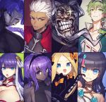  3boys 5girls abigail_williams_(fate/grand_order) archer assassin_(fate/zero) beard black_hair black_skin blonde_hair bow breasts christopher_columbus_(fate/grand_order) cleavage dark_skin dark_skinned_male david_(fate/grand_order) evil_grin evil_smile facial_hair fate/grand_order fate_(series) female_assassin_(fate/zero) frown green_hair grey_hair grin hairband hassan_of_serenity_(fate) hat highres large_breasts long_hair mask melon22 multiple_boys multiple_girls purple_hair saint_martha smile sparkling_eyes sweatdrop tentacles utsumi_erise white_hair 