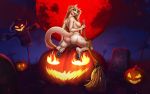  anthro blonde_hair blue_eyes bodily_fluids breasts butt catherinemeow claws detailed_background domestic_cat felid feline felis female fluffy fluffy_tail fur genital_fluids genitals hair halloween holding_object holidays kneeling mammal nipples open_mouth open_smile pussy pussy_juice smile solo teeth tongue tongue_out white_body white_fur 