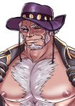  1boy bara bare_chest blue_eyes chest chest_hair coat facial_hair goatee grey_hair hairy live_a_hero male_focus marfik_(live_a_hero) muscle nipples old_man open_clothes open_coat pectoral_focus pikako182 purple_headwear short_hair sideburns solo upper_body 