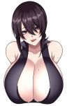  1girl :p bare_shoulders black_hair breasts camui_kamui cleavage collarbone commentary highres huge_breasts long_hair mole mole_on_breast mole_under_eye original red_eyes simple_background solo tongue tongue_out white_background 