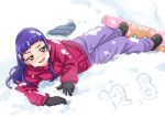  1girl :d bangs black_gloves blunt_bangs blush chocokin coat dated gloves hair_down izayoi_liko long_hair long_sleeves looking_at_viewer lying mahou_girls_precure! on_side open_mouth pants precure purple_hair purple_pants red_coat red_eyes smile snow snow_on_body snow_on_head snowboard solo 