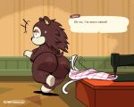  2020 animal_crossing anthro apron big_breasts big_butt blush bodily_fluids breasts butt clothing detailed_background dialogue dialogue_box english_text eulipotyphlan featureless_feet female hedgehog hi_res inside joaoppereiraus leaning leaning_forward mammal nintendo nude rear_view sable_able sewing_machine short_stack side_boob signature solo surprised_expression sweat sweatdrop text thick_thighs video_games walking wardrobe_malfunction wide_eyed wide_hips 
