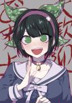  1girl alternate_hairstyle bangs bell black_hair blue_shirt blush bow breasts chabashira_tenko choker commentary_request danganronpa fang green_eyes green_hair grey_background hairband hands_up highres large_breasts long_hair long_sleeves looking_at_viewer mole mole_under_mouth nanin new_danganronpa_v3 open_mouth ribbon sailor_collar shirt short_hair smile solo twintails upper_body upper_teeth white_ribbon 