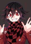  1boy alternate_costume black_hair brown_background checkered checkered_scarf commentary_request danganronpa grin hair_between_eyes hands_up jacket long_sleeves looking_at_viewer male_focus nanin new_danganronpa_v3 ouma_kokichi red_eyes red_jacket red_scarf scarf short_hair simple_background sketch smile solo straitjacket teeth translation_request upper_body 