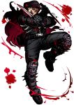  1boy aikawa_(dorohedoro) black_hair black_hoodie black_pants blood blood_splatter bloody_weapon climaxmukr dorohedoro dual_wielding facial_mark fighting_stance full_body holding holding_weapon hood hoodie knife male_focus muscle open_clothes open_hoodie pants short_hair sideburns solo spiked_boots thick_thighs thighs tight tight_pants weapon 