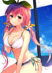  1girl bikini blue_sky blush breasts brown_eyes closed_mouth cloud collarbone commentary_request day eyebrows_visible_through_hair flower granblue_fantasy hair_flower hair_ornament highres large_breasts looking_at_viewer low_twintails natamiya o-ring o-ring_bikini o-ring_bottom ocean outdoors pink_hair sky smile solo swimsuit twintails twitter_username white_bikini yggdrasil_(granblue_fantasy) 