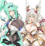  2girls alternate_breast_size animal_ears breasts cat_ears cat_girl gigantic_breasts green_eyes green_hair large_breasts multiple_girls nia_(blade)_(xenoblade) nia_(xenoblade) pneuma_(xenoblade) ponytail sachito silver_hair xenoblade_chronicles_(series) xenoblade_chronicles_2 