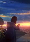  1girl absurdres brown_hair cigarette city cloud from_behind highres hood hooded_jacket horizon jacket on_roof original satellite_dish scenery short_hair signature sky solo sunset tochichima 