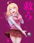  1girl ahoge akamatsu_kaede backpack bag ball bangs beamed_eighth_notes beamed_sixteenth_notes blonde_hair blush breasts collared_shirt commentary_request cowboy_shot danganronpa eighth_note hair_ornament hand_up highres large_breasts long_hair long_sleeves looking_at_viewer musical_note musical_note_hair_ornament nanin necktie new_danganronpa_v3 open_mouth pink_background pleated_skirt print_skirt purple_eyes school_uniform shirt skirt smile solo sweater_vest swept_bangs translation_request white_bag white_shirt 