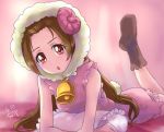  1girl :o bell blurry blurry_background brown_hair brown_legwear chocokin dated dokidoki!_precure dress evening_gown fake_horns fake_tail horns long_hair looking_at_viewer lying madoka_aguri on_stomach open_mouth pillow pink_dress precure red_eyes sheep_horns sheep_tail shiny shiny_hair short_dress signature sketch sleeveless sleeveless_dress solo tail very_long_hair 