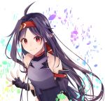  1girl ahoge breastplate commentary_request detached_sleeves fingerless_gloves fuyumi_iyo gloves hairband long_hair looking_at_viewer pointy_ears purple_hair red_eyes red_hairband smile solo sword_art_online very_long_hair yuuki_(sao) 