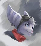  anthro blue_eyes ear_markings ear_piercing eyebrows eyewear facial_markings female fur goggles goggles_on_head hair head_markings headshot_portrait lombax mammal markings open_mouth open_smile painting_(artwork) piercing pink_nose portrait purple_body purple_fur purple_hair ratchet_and_clank rift_apart_lombax saellyf scarf smile solo sony_corporation sony_interactive_entertainment traditional_media_(artwork) video_games 