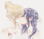  2girls aihara_mei aihara_yuzu bare_shoulders black_hair blonde_hair blue_eyes breasts citrus_(saburouta) closed_eyes collarbone ear_piercing earrings glidesloe hair_up highres jewelry kiss medium_breasts multiple_girls piercing red_nails ring shower_(place) showering step-siblings symbol_commentary topless yuri 