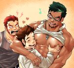  3boys abs akashi_(live_a_hero) angry bara black_hair blush brown_hair chest cho_rin dark_skin dark_skinned_male facial_hair goatee grabbing gradient_hair green_hair grey_tank_top jealous kyoichi_(live_a_hero) live_a_hero male_focus male_protagonist_(live_a_hero) multicolored_hair multiple_boys muscle navel nipples pectoral_grab pectoral_pillow pectoral_press red_hair sharp_teeth short_hair sideburns tank_top teeth thick_eyebrows two-tone_hair upper_body white_tank_top yaoi 