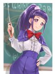  1girl bangs blunt_bangs blurry blurry_background border chalkboard chocokin classroom closed_mouth dress_shirt hair_ornament hand_on_hip high_ponytail holding indoors izayoi_liko long_hair long_sleeves mahou_girls_precure! outside_border pleated_skirt precure purple_capelet purple_hair purple_skirt red_eyes shadow shiny shiny_hair shirt sidelocks skirt smile solo standing white_border white_shirt 
