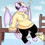  &lt;3 1:1 anthro black_bottomwear black_clothing black_pants blonde_hair border bottomwear clothing dragon feet_in_water female hair highlights_(coloring) looking_at_viewer pants purple_body purple_eyes ram_horns round_ears sitting solo sweater topwear white_border wings yellow_clothing 