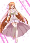 1girl :d asuna_(stacia) boots bracelet breastplate brown_eyes brown_hair character_name detached_collar dress floating_hair full_body gloves highres jewelry ken-ji long_hair long_sleeves open_mouth shiny shiny_hair short_dress smile solo standing sword_art_online sword_art_online:_alicization thigh_boots thighhighs very_long_hair white_background white_dress white_feathers white_footwear white_gloves white_legwear 