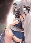  1girl armor ass bangs black_gloves blush braid breasts eyebrows_visible_through_hair from_behind gloves green_eyes hair_between_eyes hololive large_breasts looking_at_viewer looking_back mujinbi shirogane_noel short_hair silver_hair skirt skirt_lift solo virtual_youtuber 