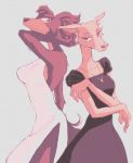  2020 5_fingers anthro azuki_(beastars) beastars brown_body brown_fur canid canine canis cervid clothing dress duo female fingers fur jewelry juno_(beastars) ktandoku long_neck mammal multicolored_body multicolored_fur necklace simple_background standing two_tone_body two_tone_fur wolf 