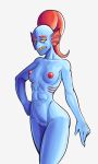  abs annoyed anthro blue_body blue_skin breasts female fish fours_(artist) gills hair hi_res marine merfolk monster nipples red_hair small_breasts solo undertale undyne video_games 