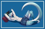  anthro blue_body blue_border border clothing countershade_torso countershading dragon genitals hi_res humanoid_genitalia humanoid_penis male penis pillow reptile scalie swimming_trunks swimwear torou white_body white_skin 