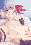  1girl armlet bangs blush bracelet breasts collarbone command_spell detached_sleeves earrings fate/grand_order fate_(series) hair_ribbon heart heart-shaped_pupils highres jewelry kama_(fate/grand_order) looking_at_viewer lying mhyya navel nipples on_back on_bed open_mouth pillow purple_legwear purple_sleeves pussy pussy_juice red_eyes red_ribbon ribbon short_hair silver_hair small_breasts smile solo_focus symbol-shaped_pupils tears thighhighs thighlet thighs 