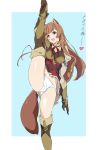  1girl animal_ear_fluff animal_ears boots brown_footwear brown_gloves brown_hair commentary_request eyebrows_visible_through_hair gloves highres leg_up long_hair long_sleeves looking_at_viewer open_mouth panties pink_eyes raccoon_ears raccoon_girl raccoon_tail raphtalia smile solo split standing standing_on_one_leg standing_split tail tate_no_yuusha_no_nariagari thighs translation_request umanosuke underwear white_panties 