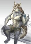  2020 abs absurd_res anthro bottomwear canid canine canis clothing fur hair hi_res male mammal muscular muscular_anthro muscular_male pecs solo tattoo temujin tokyo_afterschool_summoners video_games vlw4zegrsgtsi6e white_body white_fur wolf 