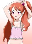  1girl armpits arms_up bangs breasts camisole cleavage collarbone crop_top eyebrows_visible_through_hair gradient gradient_background hair_between_eyes hair_ornament hair_over_shoulder heart heart_hair_ornament highres kakkii kirakira_precure_a_la_mode looking_to_the_side midriff navel open_mouth pink_background precure red_eyes side_ponytail small_breasts solo spaghetti_strap stomach tying_hair upper_body usami_ichika white_background 
