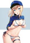 1girl :o ahoge aqua_eyes artoria_pendragon_(all) bangs banned_artist baseball_cap bikini black_ribbon blonde_hair blue_headwear blush breast_hold breasts cleavage commentary_request contrapposto cowboy_shot eyebrows_visible_through_hair fate/grand_order fate_(series) hat kyoeiki long_hair long_sleeves looking_at_viewer medium_breasts mysterious_heroine_xx_(foreigner) navel open_mouth ponytail ribbon shrug_(clothing) side-tie_bikini sidelocks skindentation solo stomach swimsuit thigh_strap two-tone_background white_bikini zipper_pull_tab 