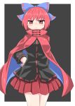  1girl bangs black_background black_vest blue_bow border bow breasts bright_pupils cape chups closed_mouth eyebrows_visible_through_hair hair_bow hand_on_hip highres long_sleeves looking_at_viewer pleated_skirt raised_eyebrow red_cape red_eyes red_hair red_ribbon red_skirt ribbon ribbon-trimmed_bow ribbon-trimmed_clothes ribbon-trimmed_vest ribbon_trim sekibanki short_hair simple_background skirt solo thighhighs touhou vest white_border zettai_ryouiki 