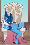  2:3 anthro bedroom_eyes blue_body blue_skin bodily_fluids chair female frogadier fuf furniture genital_fluids genitals hi_res looking_at_viewer narrowed_eyes nintendo pok&eacute;mon pok&eacute;mon_(species) pregnant pussy pussy_juice reclining seductive solo text throne tongue tongue_out url video_games yellow_eyes 