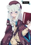 1girl animal_ears arknights bangs bear_ears beret blue_eyes blue_neckwear blush book braid brown_cape brown_headwear cape cardigan character_name commentary_request eyebrows_visible_through_hair hair_ornament hand_up hat hayashi_maka highres holding holding_book istina_(arknights) long_hair long_sleeves looking_at_viewer monocle necktie parted_lips partial_commentary silver_hair simple_background single_braid solo star_(symbol) star_hair_ornament upper_body white_background 