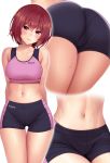  1girl arms_behind_back ass ass_visible_through_thighs bangs bare_shoulders black_shorts blush breasts closed_mouth collarbone commentary_request cowboy_shot eyebrows_visible_through_hair hair_between_eyes head_tilt huyumitsu looking_at_viewer medium_breasts midriff multiple_views navel original pink_sports_bra red_eyes red_hair short_hair short_shorts shorts sidelocks simple_background sports_bra sweat taut_clothes thigh_gap white_background 