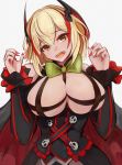  1girl alternate_costume azur_lane black_cape black_corset black_dress blonde_hair bow breast_cutout breasts cape corset dress eyebrows_visible_through_hair green_bow hair_between_eyes highres large_breasts looking_at_viewer marshall_k multicolored_hair red_cape red_hair roon_(azur_lane) simple_background solo streaked_hair two-tone_cape upper_body white_background yellow_eyes 