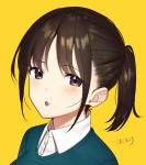  1girl blush brown_eyes brown_hair collared_shirt face looking_at_viewer open_mouth original ponytail shirt signature yellow_background yoshihiro_(yoshihiro12190) 