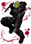  1boy black_footwear black_gloves black_pants blood blood_splatter bloody_weapon clenched_teeth climaxmukr dorohedoro dual_wielding facial_mark fighting_stance full_body gloves green_skin holding holding_weapon kaiman_(dorohedoro) knife lizardman looking_at_viewer pants scales sharp_teeth solo spikes teeth thick_thighs thighs tight weapon 