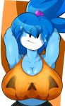  arms_above_head big_breasts breasts chebylamb cleavage clothed clothing female freckles hair hair_over_eye hair_over_eyes hands_behind_head hi_res huge_breasts humanoid not_furry one_eye_obstructed ponytail smile solo 
