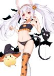  1girl :o absurdres animal_ears azur_lane balloon bandaged_leg bandages bangs bare_arms bare_shoulders bat bikini black_bikini black_headwear blush blush_stickers bunny_ears claw_pose collarbone eyebrows_visible_through_hair fang feet_out_of_frame flat_chest food_themed_hair_ornament frilled_bikini frills hair_ornament hands_up hat highres laffey_(azur_lane) long_hair looking_at_viewer manjuu_(azur_lane) mismatched_legwear open_mouth orange_legwear print_bikini print_legwear pumpkin_hair_ornament pumpkin_print red_eyes silver_hair simple_background single_thighhigh standing star_(symbol) star_print swimsuit tail thighhighs tming twintails v-shaped_eyebrows white_background witch_hat 