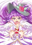  1girl bangs chocokin collarbone cure_magical detached_sleeves earrings floating_hair flower grey_headwear hair_flower hair_ornament hat jewelry long_hair long_sleeves looking_at_viewer mahou_girls_precure! open_mouth pink_flower pink_rose precure purple_eyes purple_hair rose shiny shiny_hair solo star_(symbol) v-shaped_eyebrows very_long_hair white_background white_sleeves witch_hat 