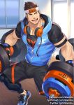  1boy bara biceps black_shirt black_shorts brown_hair bulge chest dumbbell full_body gyee gym_shorts gym_uniform headband headphones hood hoodie indoors kienbiu lee_(gyee) male_focus muscle orange_eyes shirt shoes short_hair short_sleeves shorts sideburns skin_tight sleeveless sleeveless_hoodie sneakers solo 