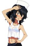  1girl andou_(girls_und_panzer) bangs black_hair black_pants blue_bra blush bra brown_eyes chef_hat commentary cowboy_shot dark_skin eyebrows_visible_through_hair girls_und_panzer half-closed_eyes hand_on_hip hand_on_own_head hat head_tilt kayabakoro looking_at_viewer medium_hair messy_hair midriff_peek navel open_mouth pants see-through shirt simple_background solo sweat tank_top underwear wet wet_clothes wet_shirt white_background white_headwear white_shirt 