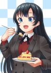  1girl agano_(kantai_collection) black_hair black_jacket blazer blue_eyes cake cake_slice checkered checkered_background commentary_request double-breasted eating food fork jacket kantai_collection long_hair mayura2002 open_mouth plate red_vest smile solo strawberry_shortcake sweater_vest upper_body vest 