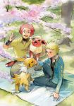  2boys afro blanket blonde_hair blue_jacket commentary_request day flareon flint_(pokemon) gen_1_pokemon index_finger_raised jacket jolteon long_sleeves looking_up multiple_boys open_mouth outdoors pants pokemon pokemon_(game) pokemon_dppt pokipoki red_hair shirt sitting smile spiked_hair spring_(season) teeth tongue tree volkner_(pokemon) yellow_shirt 