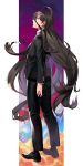  1boy absurdres ahoge arm_at_side bangs black_footwear black_hair black_legwear black_pants cloud danganronpa formal from_behind full_body highres kamukura_izuru long_hair long_sleeves looking_at_viewer male_focus moona_59 pants profile red_eyes shirt shoes socks standing super_danganronpa_2 very_long_hair white_shirt 