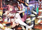  animal_ears building japanese_clothes jie_laite long_hair no_bra original purple_hair thighhighs umbrella water yellow_eyes 